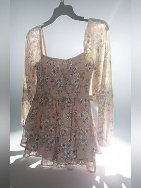 Sheer Sleeved Floral Smocked Mini Dress Romper in Blush